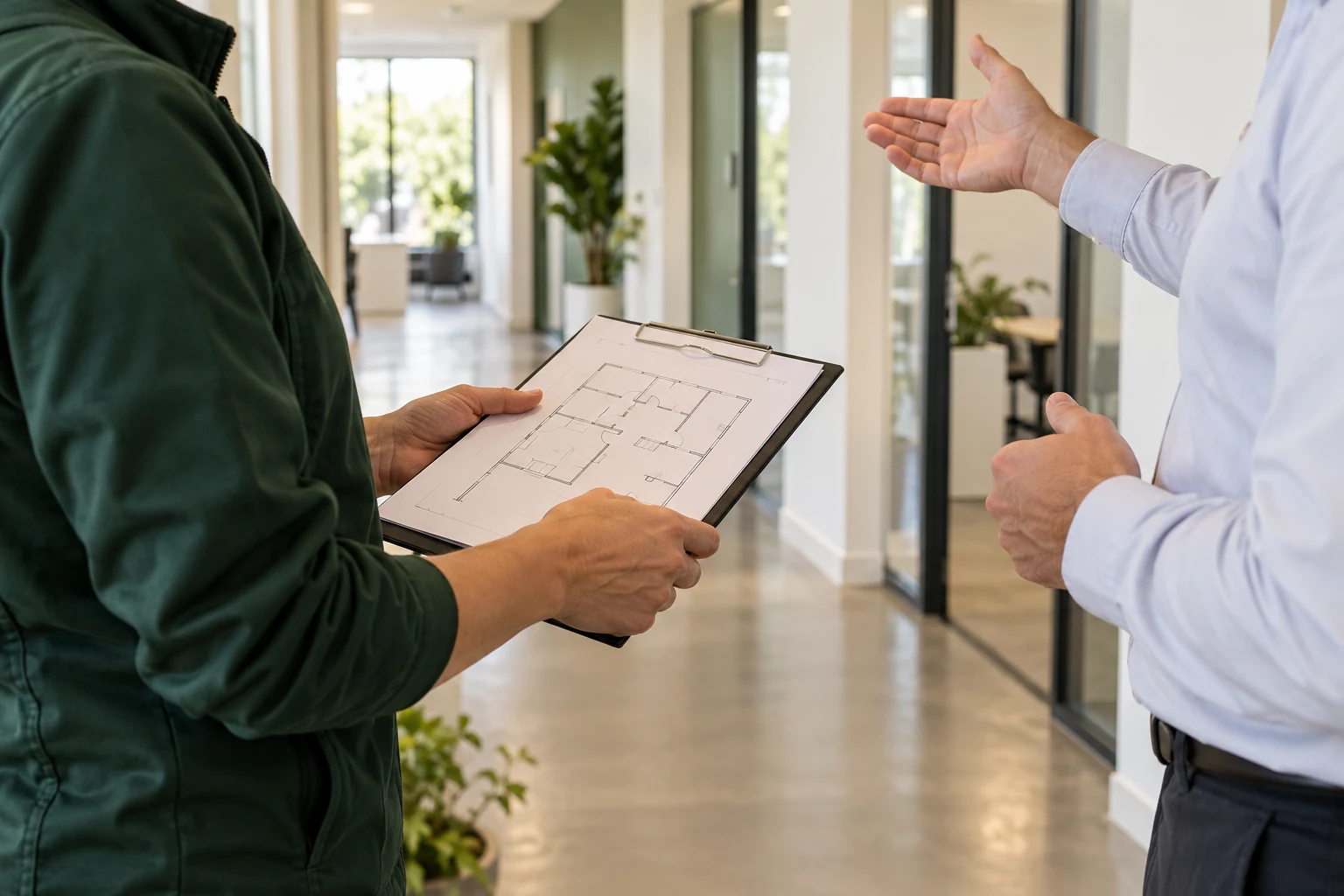 A property walkthrough, with a floor plan and the space being reviewed together