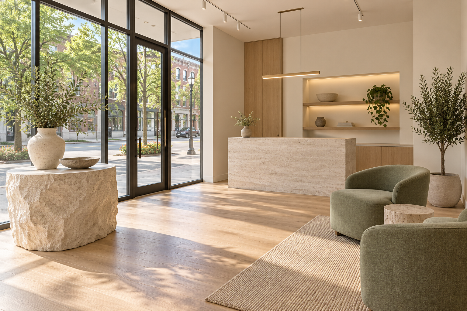 A bright commercial showroom with immaculate floors and glazing