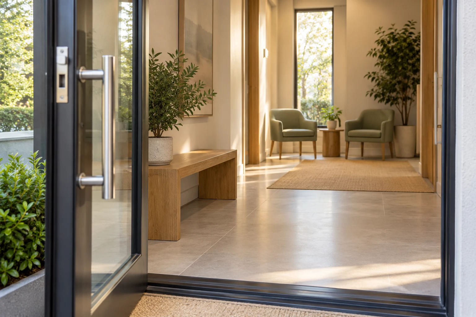 An inviting commercial entrance with clear glass doors and a carefully maintained interior