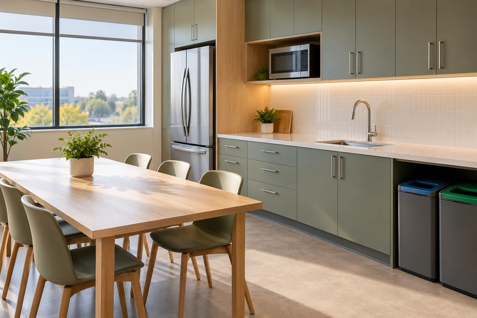 A freshly reset workplace break room with clean counters and sorted waste bins