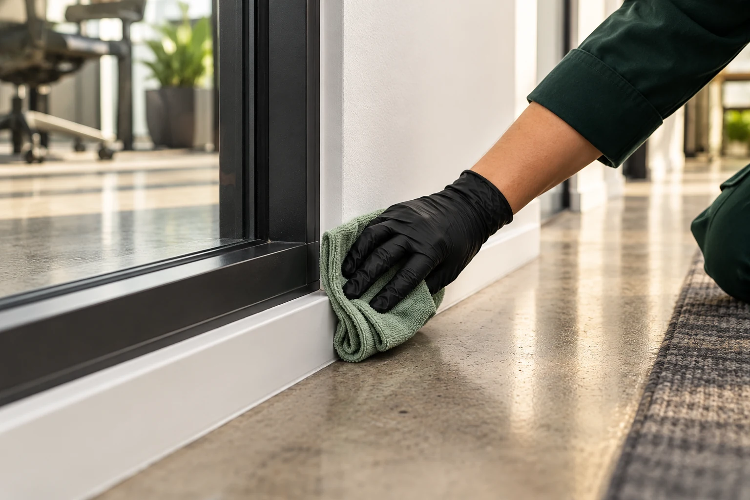 A gloved hand carefully cleaning the lower trim and corners of a commercial interior