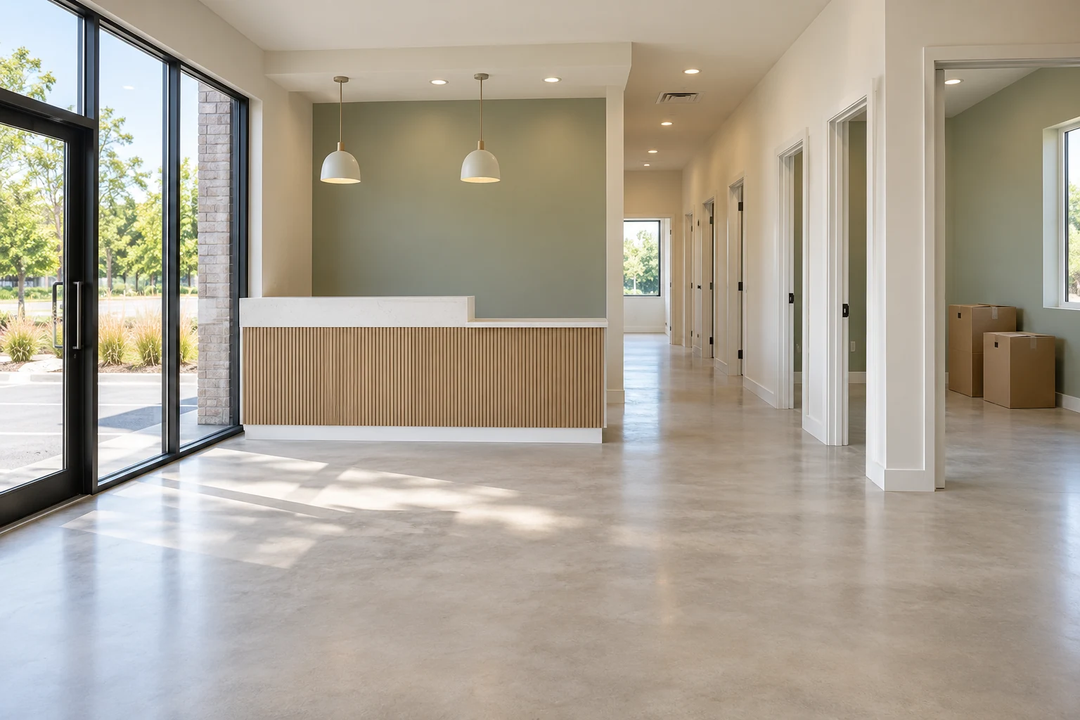 A newly completed commercial interior with clear glazing and clean floors, ready for handover