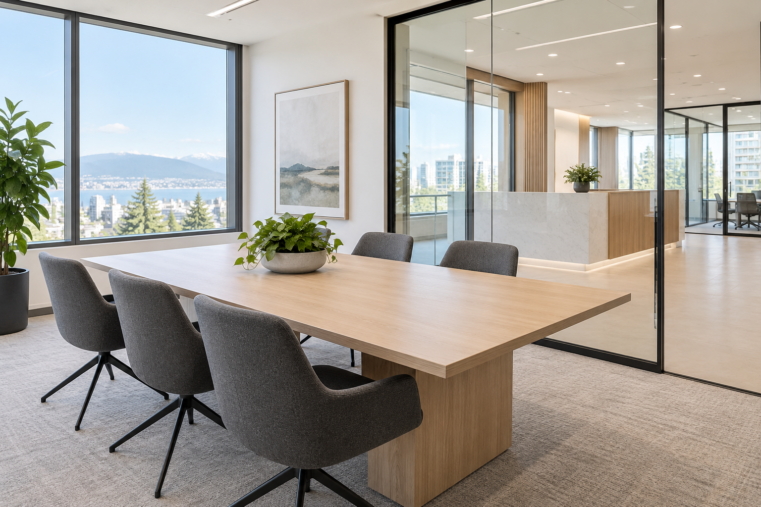 A carefully maintained boardroom with clean glass partitions